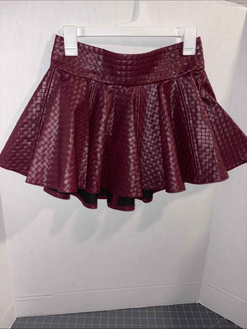 AKIRA Quilted Faux-Leather hi low Skater Skirt in Deep Wine
